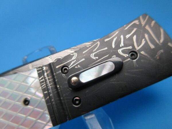CUSTOM JIM & JOYCE MINNICK DAMASCUS AND PEARL AUTO ART KNIFE