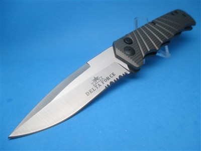 Delta Force Sidewinder Grey Handle Silver Serr Blade EDC Switchblade