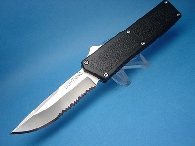 8" Lightning OTF Automatic Serrated with Black Handle & Silver Button  (Highest Quality)