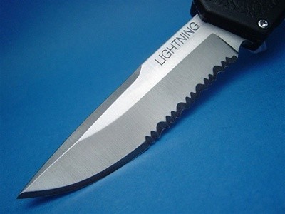 8" Lightning OTF Automatic Serrated with Black Handle & Silver Button  (Highest Quality)