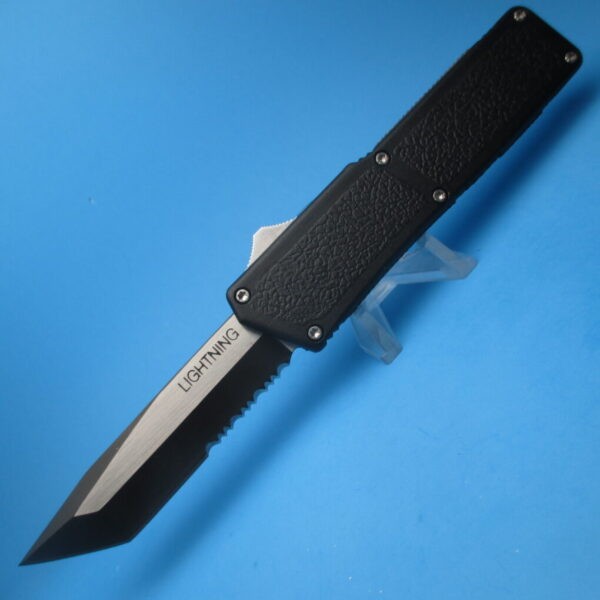 8" Lightning OTF Tanto Serrated with Black Handle & Silver Button