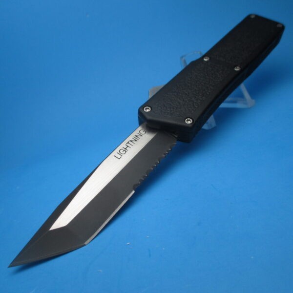 8" Lightning OTF Tanto Serrated with Black Handle & Silver Button - Image 4