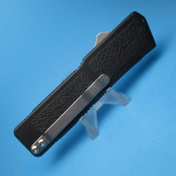 8" Lightning OTF Tanto Serrated with Black Handle & Silver Button - Image 5