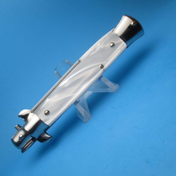 Italian Stiletto 9" White Pearlex Bayonet Switchblade - Image 5