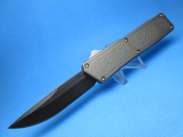 8" Lightning OTF Automatic Plain Edge Tactical with Grey Handle & Silver Button