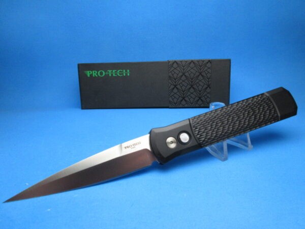 PROTECH GODFATHER BLACK HANDLE PEARL BUTTON SATIN BLADE PLAIN EDGE