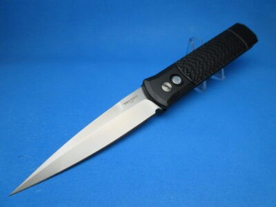 PROTECH GODFATHER BLACK HANDLE PEARL BUTTON SATIN BLADE PLAIN EDGE