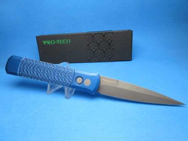 PROTECH GODFATHER BLUE HANDLE ACIDWASHED BLADE PLAIN EDGE