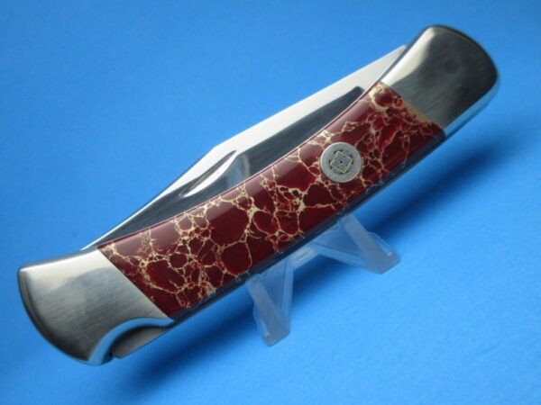 Custom Buck Blood Red Jasper 110 Automatic Conversion Switchblade Knife