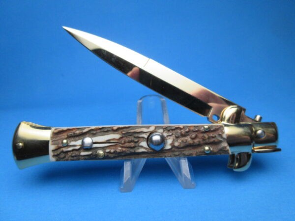 Frank Beltrame 9" Stag Horn Gold Bayonet Switchblade