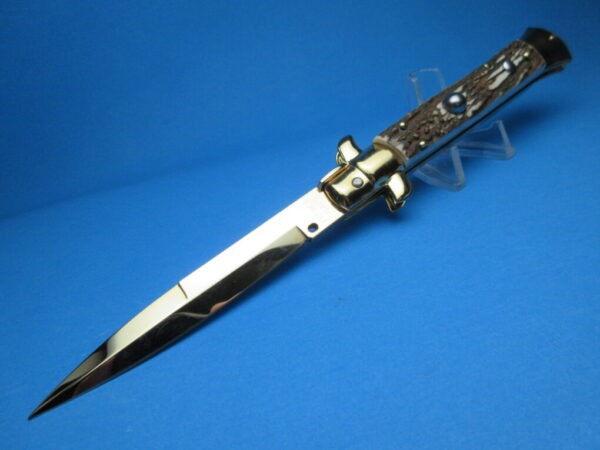 Frank Beltrame 9" Stag Horn Gold Bayonet Switchblade