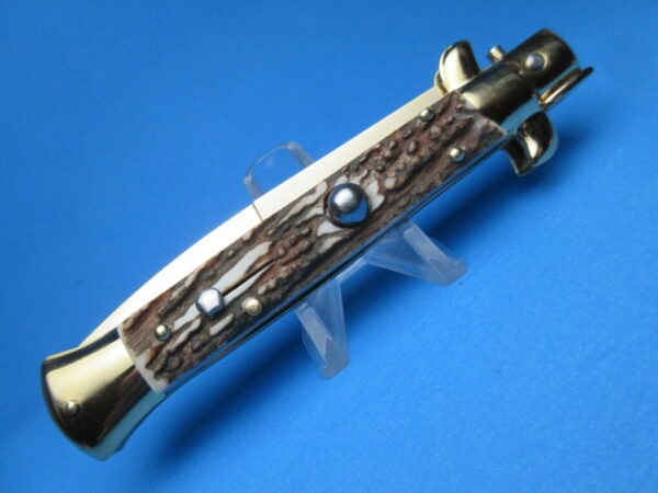 Frank Beltrame 9" Stag Horn Gold Bayonet Switchblade
